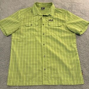 JACK WOLFSKIN Mens Button Up Short Sleeve Shirt Green Check Large Outdoor